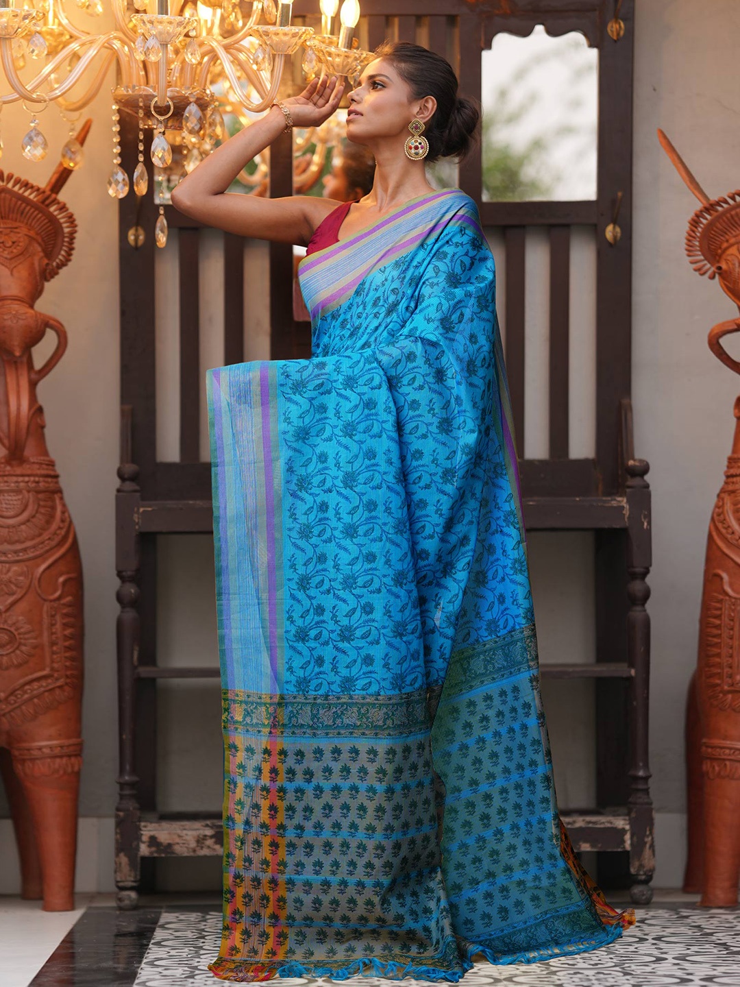 

Unnati Silks Ethnic Motifs Pure Cotton Handloom Mangalagiri Saree, Blue