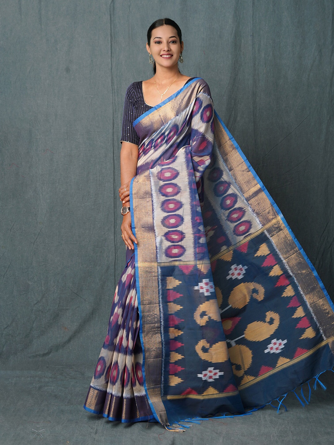 

Unnati Silks Zari Silk Cotton Handloom Pochampally Saree, Blue