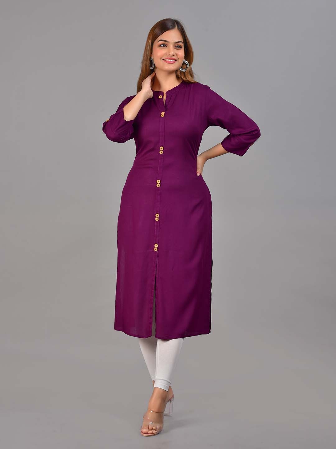 

NEW4U Mandarin Collar Roll-Up Sleeves Straight Kurta, Purple