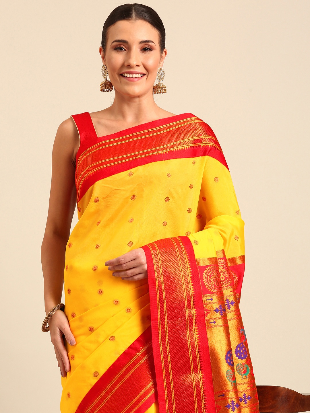 

Varkala Silk Sarees Ethnic Motifs Zari Paithani Saree, Yellow
