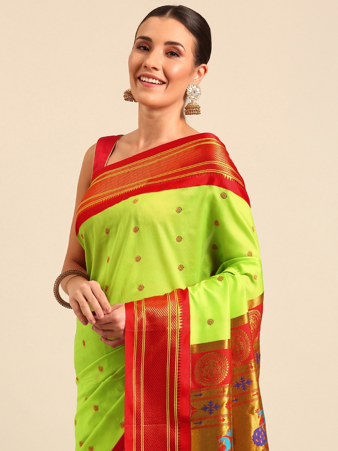 

Varkala Silk Sarees Ethnic Motifs Zari Paithani Saree, Fluorescent green