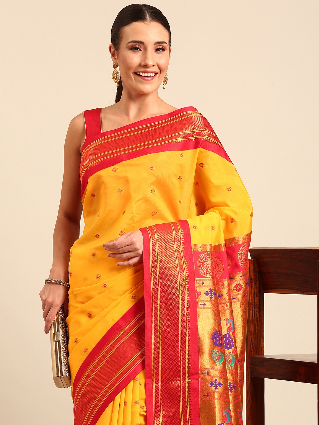 

Varkala Silk Sarees Ethnic Motifs Zari Paithani Saree, Gold