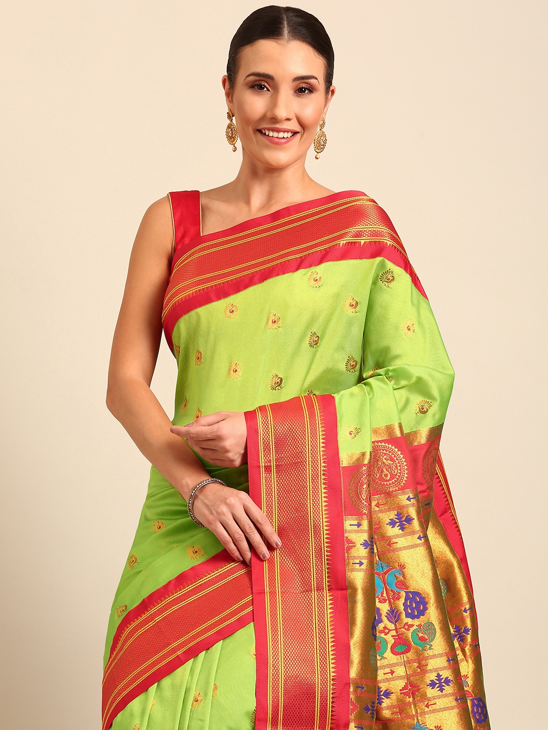 

Varkala Silk Sarees Ethnic Motifs Zari Paithani Saree, Fluorescent green