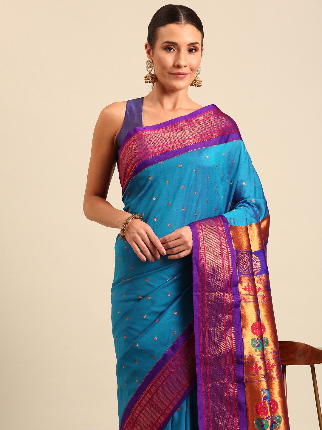 

Varkala Silk Sarees Ethnic Motifs Zari Paithani Saree, Turquoise blue