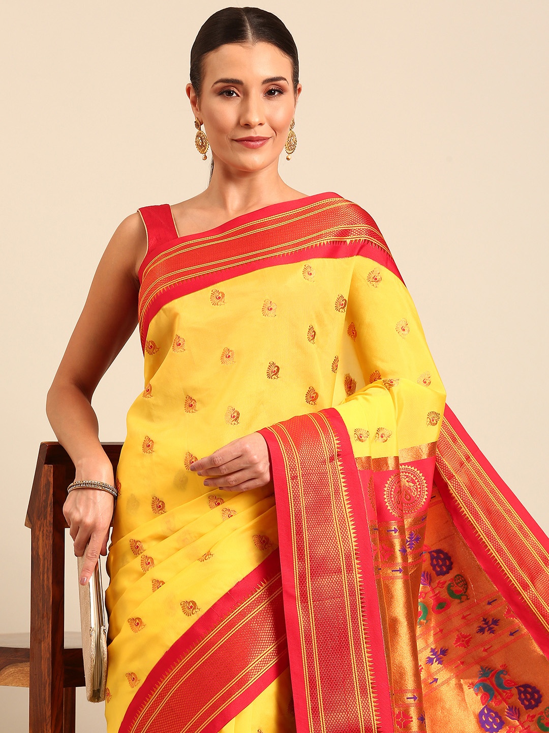 

Varkala Silk Sarees Ethnic Motifs Zari Paithani Saree, Yellow