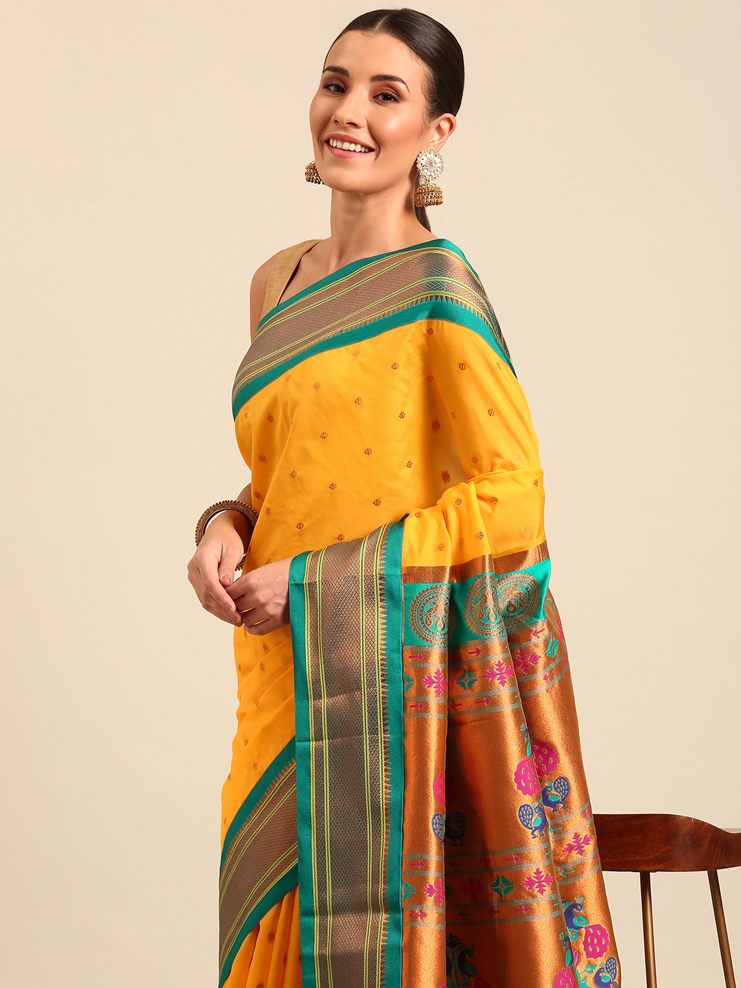 

Varkala Silk Sarees Ethnic Motifs Zari Paithani Saree, Gold