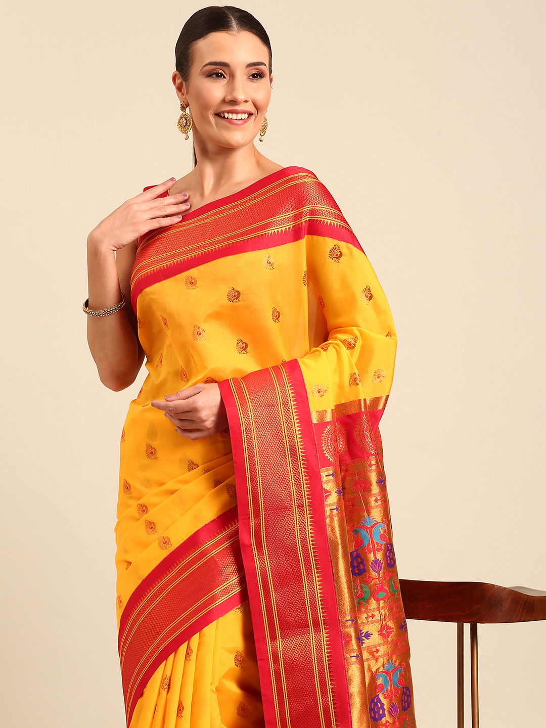 

Varkala Silk Sarees Ethnic Motifs Zari Paithani Saree, Gold