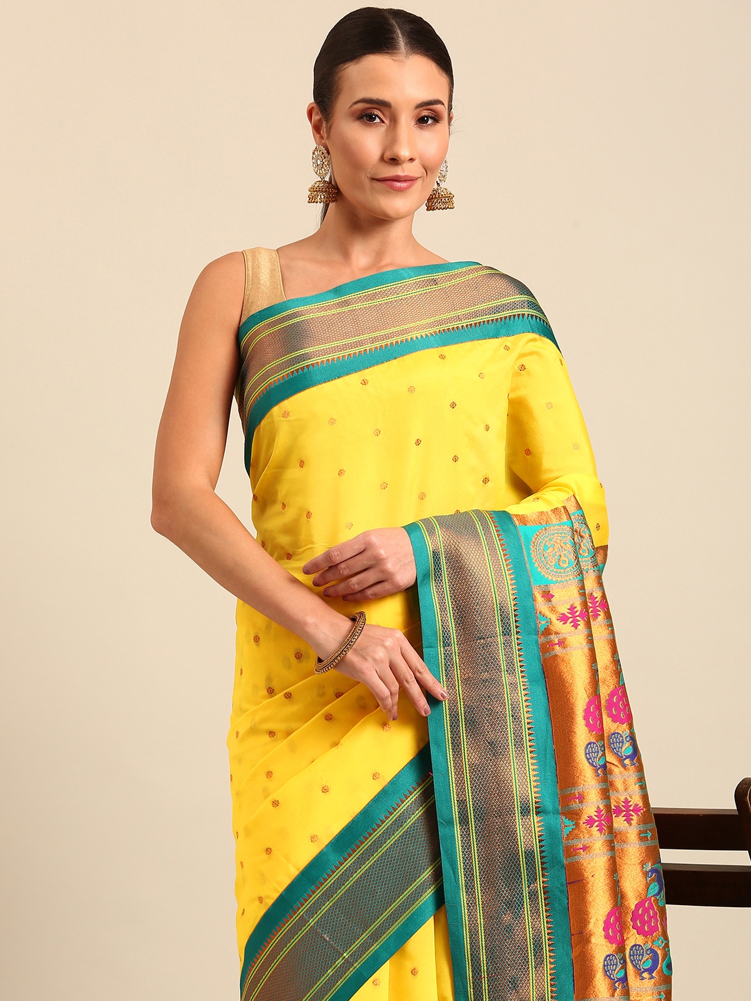 

Varkala Silk Sarees Ethnic Motifs Zari Paithani Saree, Yellow