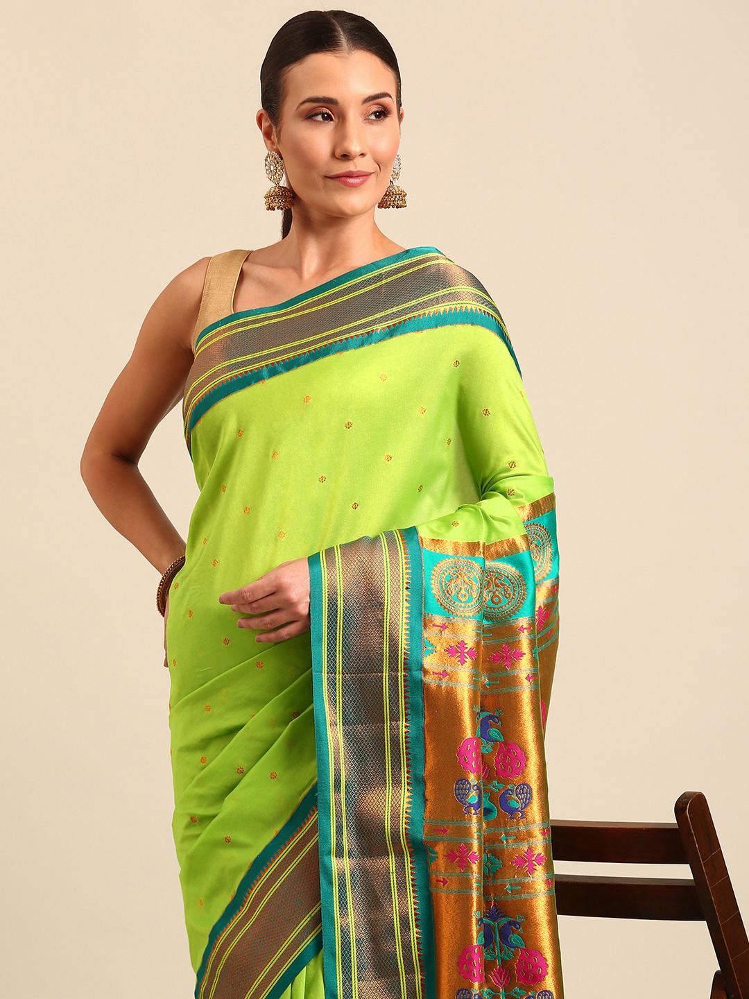 

Varkala Silk Sarees Ethnic Motifs Zari Paithani Saree, Fluorescent green