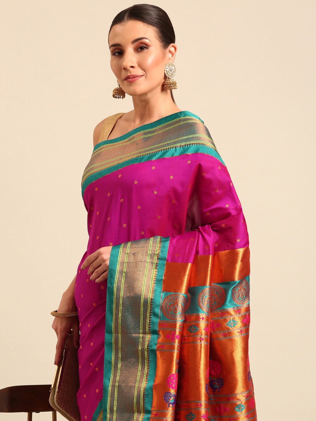 

Varkala Silk Sarees Ethnic Motifs Zari Paithani Saree, Magenta