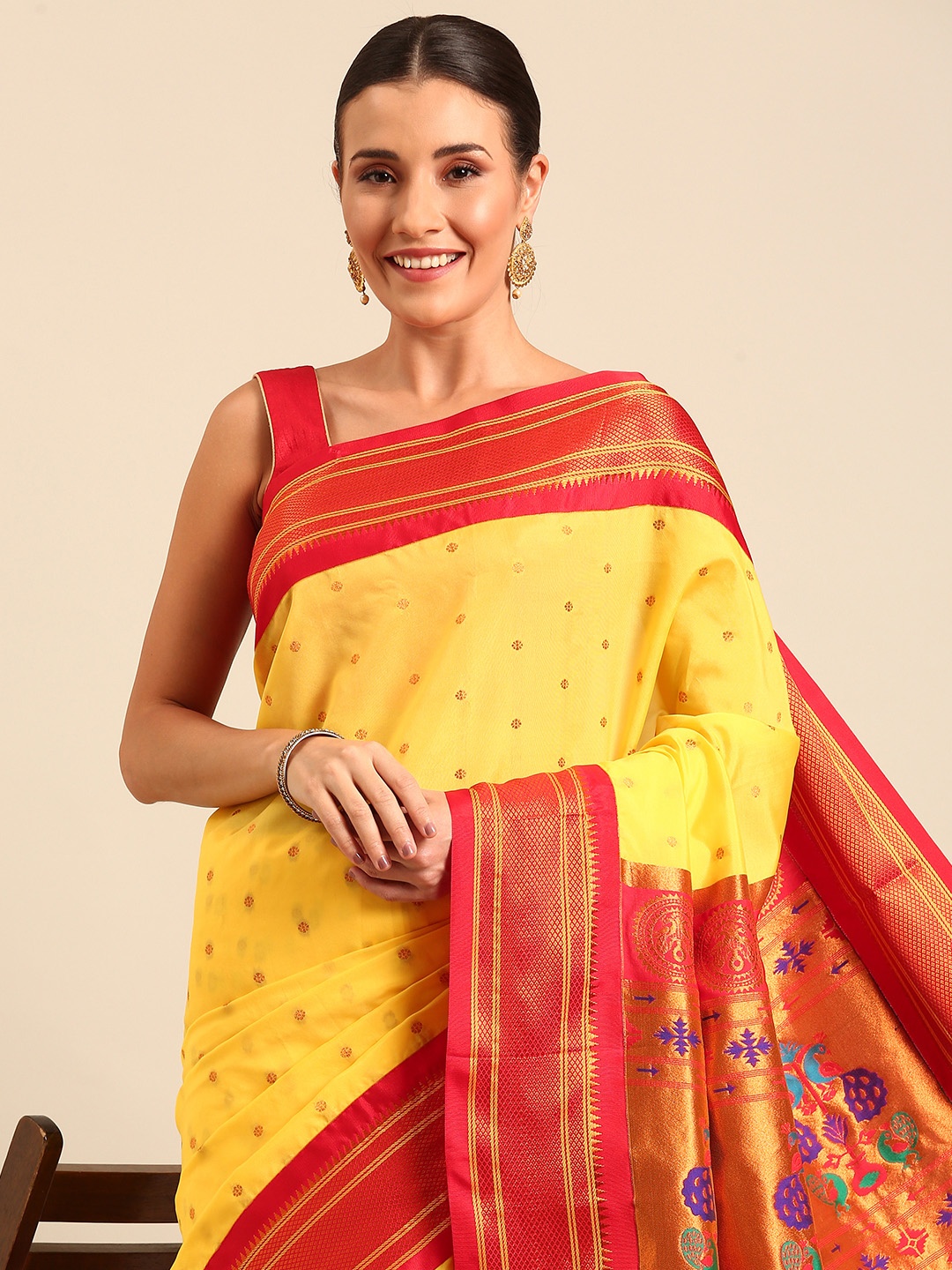 

Varkala Silk Sarees Ethnic Motifs Zari Paithani Saree, Yellow