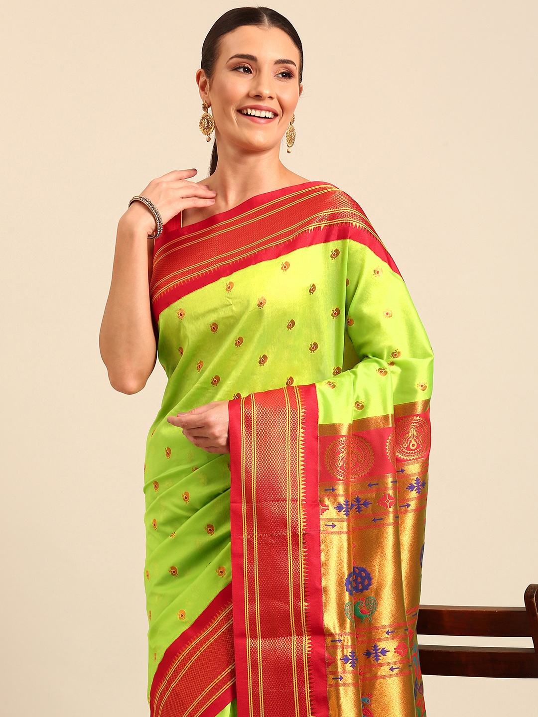 

Varkala Silk Sarees Ethnic Motifs Zari Paithani Saree, Fluorescent green