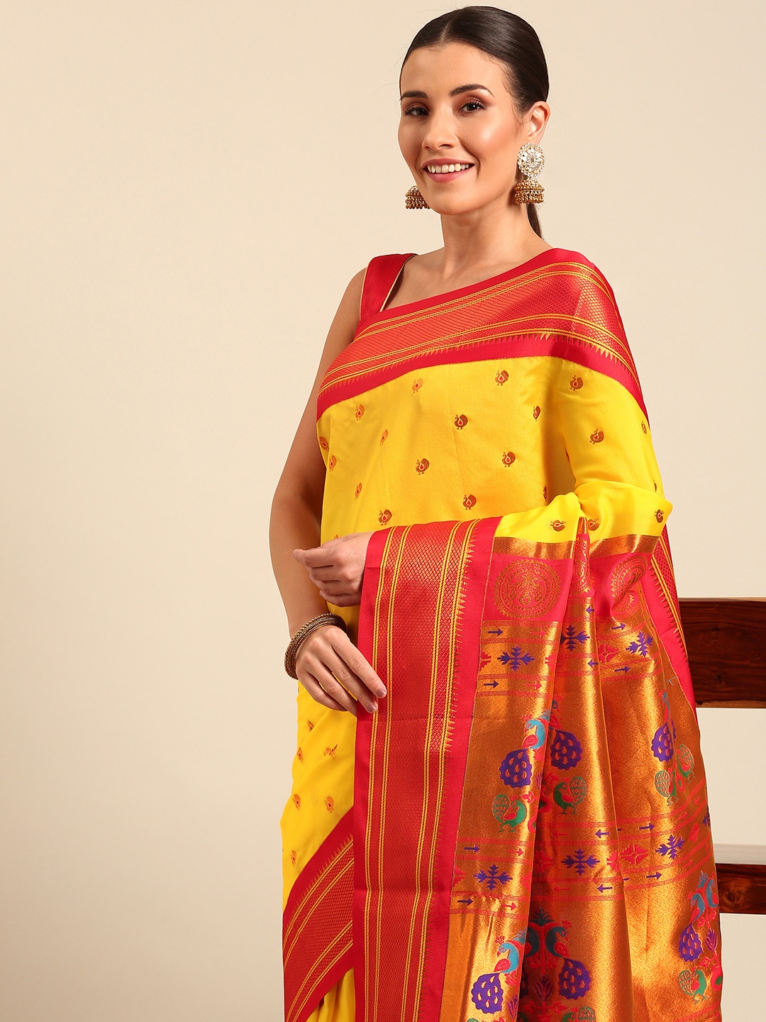 

Varkala Silk Sarees Ethnic Motifs Zari Paithani Saree, Yellow