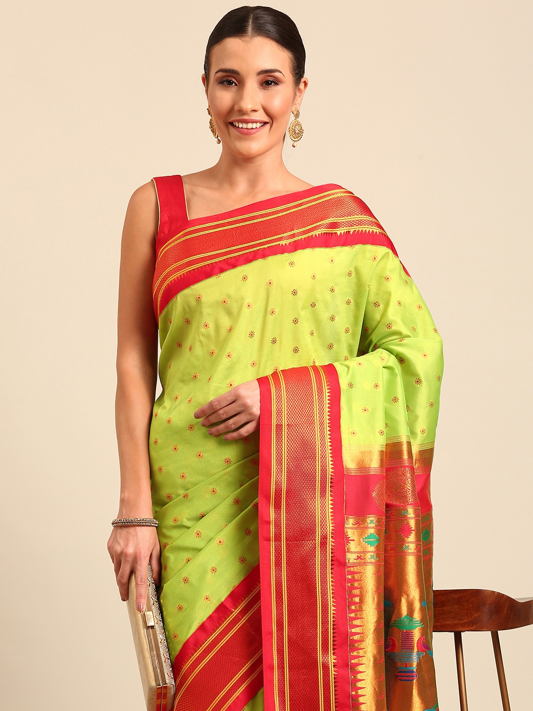 

Varkala Silk Sarees Ethnic Motifs Zari Paithani Saree, Fluorescent green