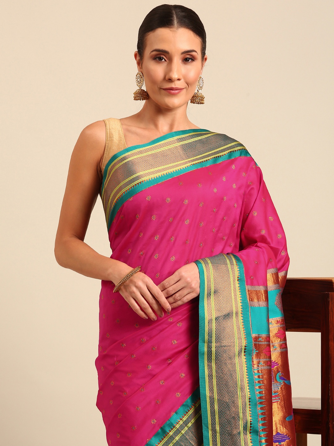 

Varkala Silk Sarees Ethnic Motifs Zari Paithani Saree, Pink