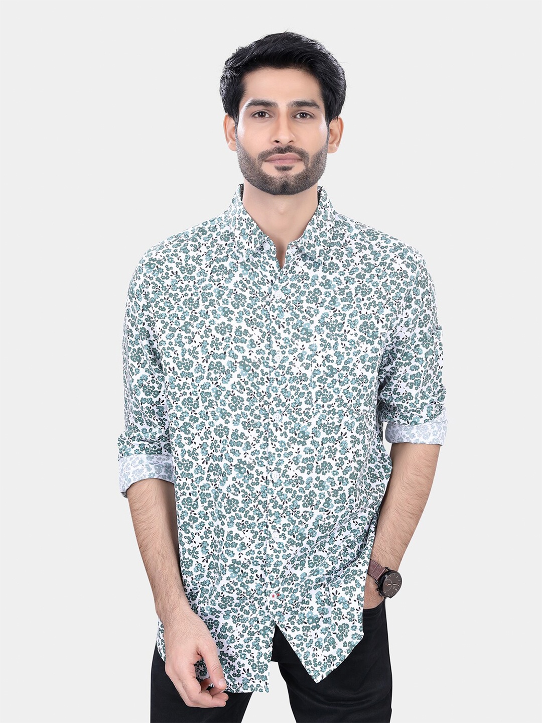 

VASTRADO Classic Floral Printed Spread Collar Long Sleeves Slim Fit Casual Shirt, Green