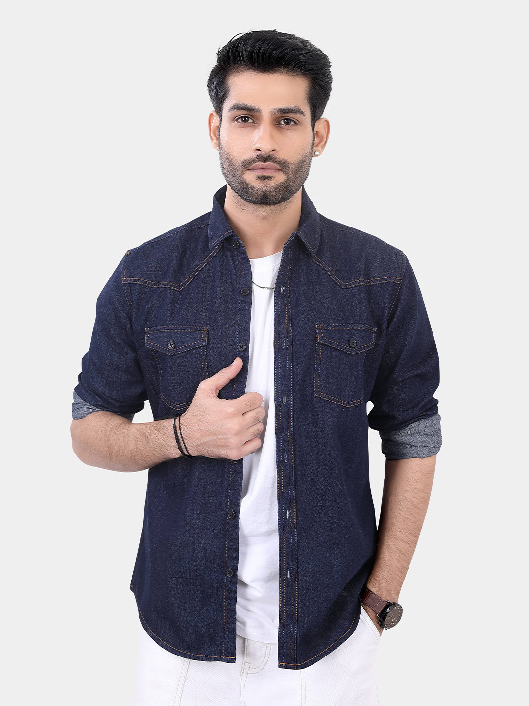 

VASTRADO Classic Spread Collar Long Sleeves Slim Fit Casual Shacket, Navy blue