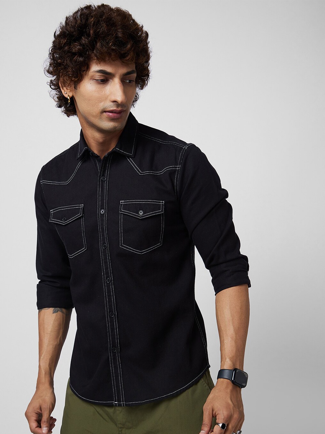 

VASTRADO Classic Spread Collar Long Sleeves Slim Fit Casual Shacket, Black
