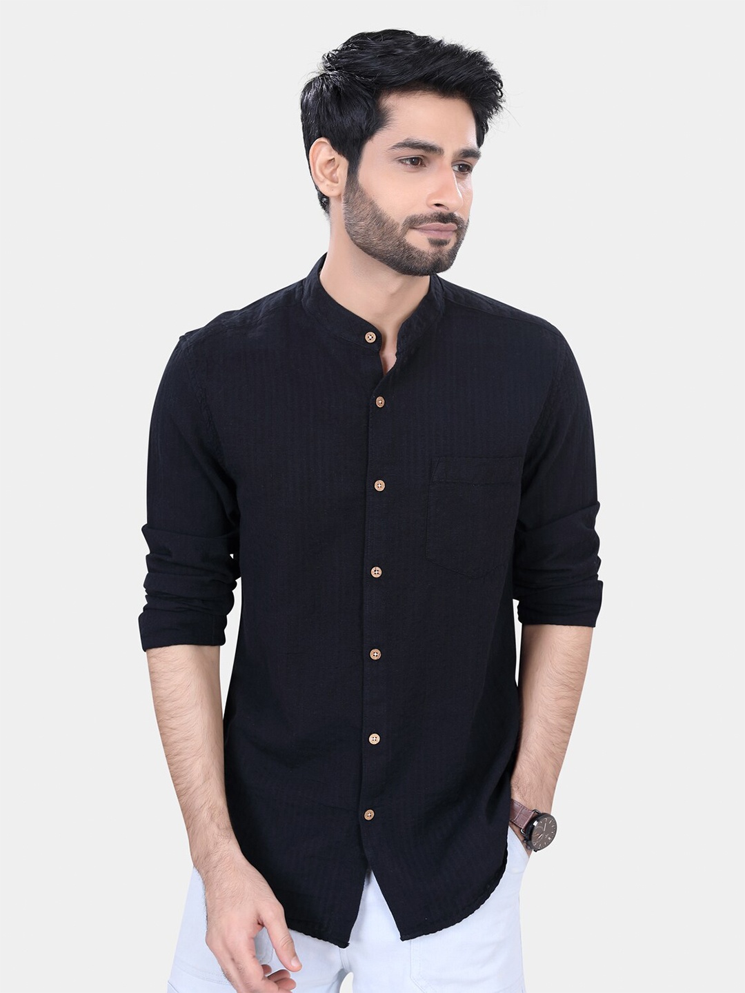 

VASTRADO Classic Striped Band Collar Long Sleeves Slim Fit Casual Shirt, Black