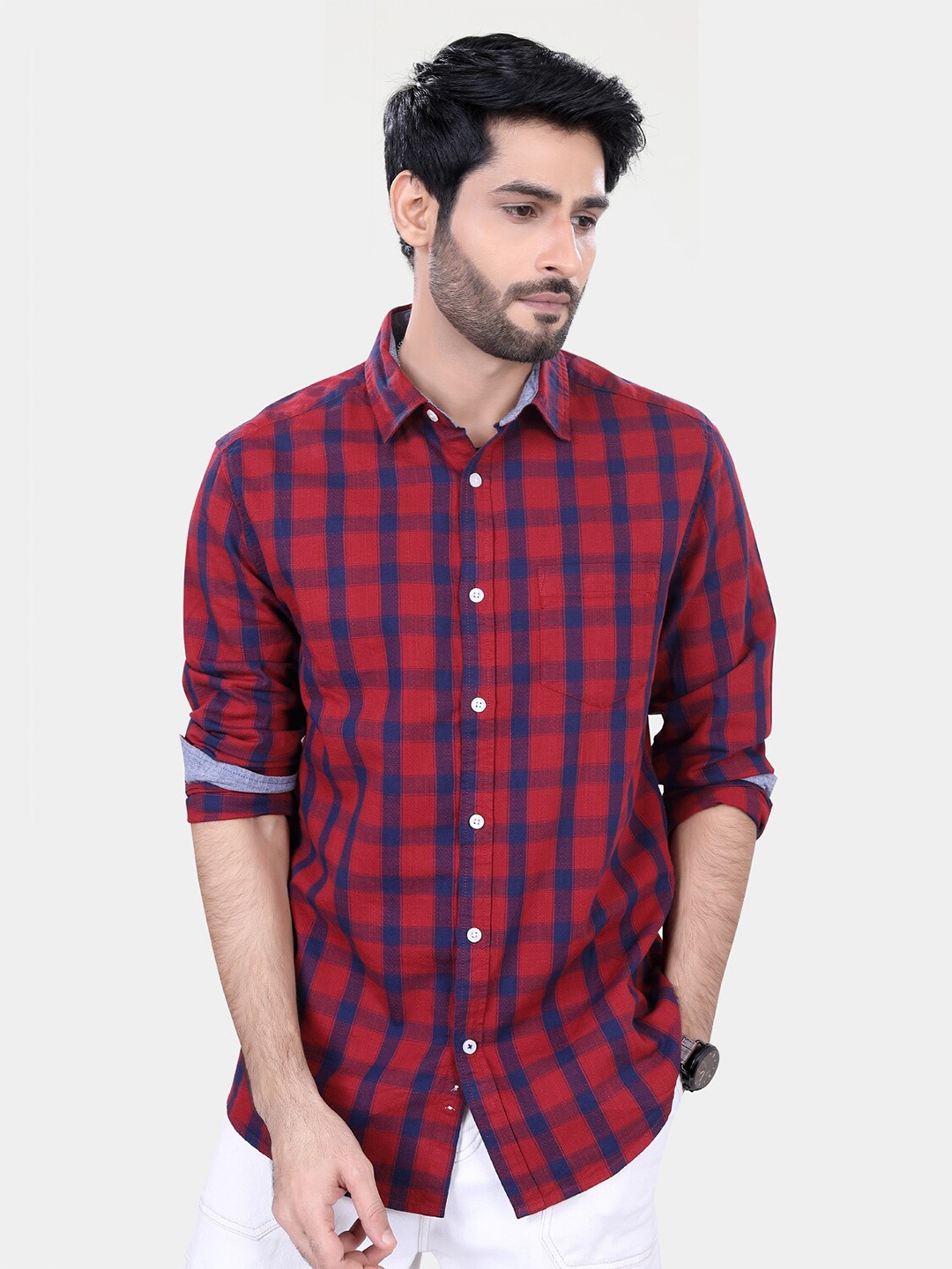 

VASTRADO Classic Checked Spread Collar Long Sleeves Cotton Slim Fit Casual Shacket, Red