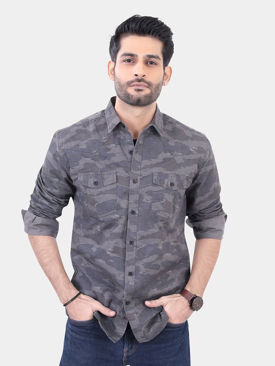 

VASTRADO Classic Camouflage Printed Spread Collar Long Sleeves Slim Fit Casual Shirt, Grey