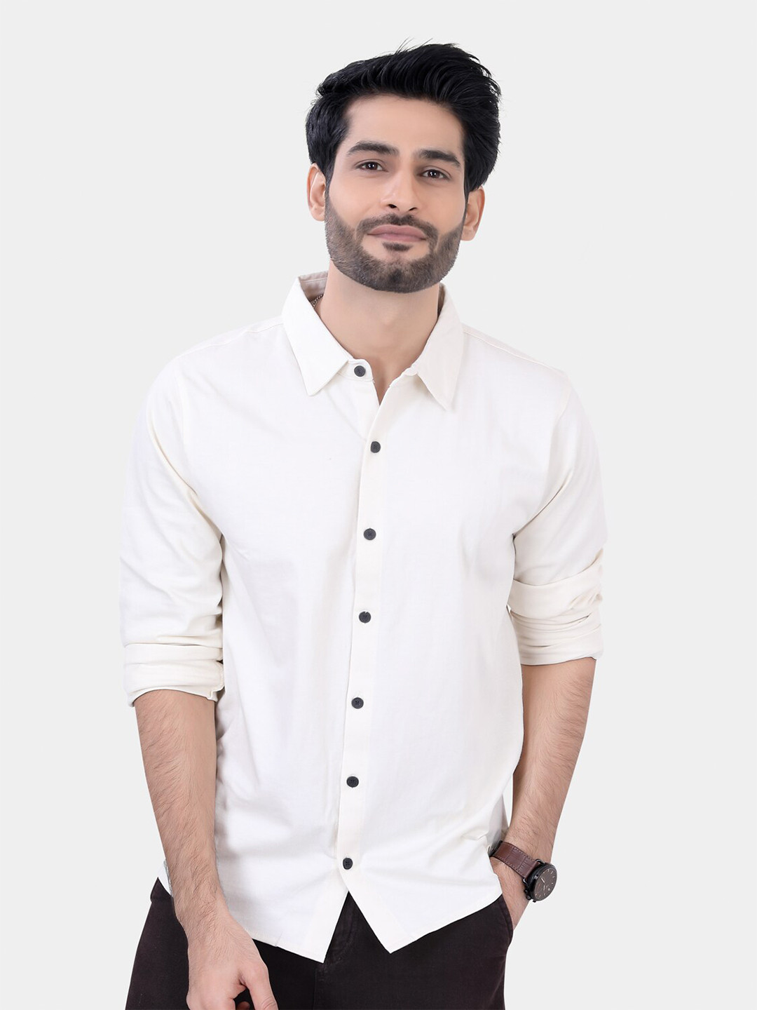 

VASTRADO Classic Spread Collar Long Sleeves Slim Fit Casual Shirt, Off white