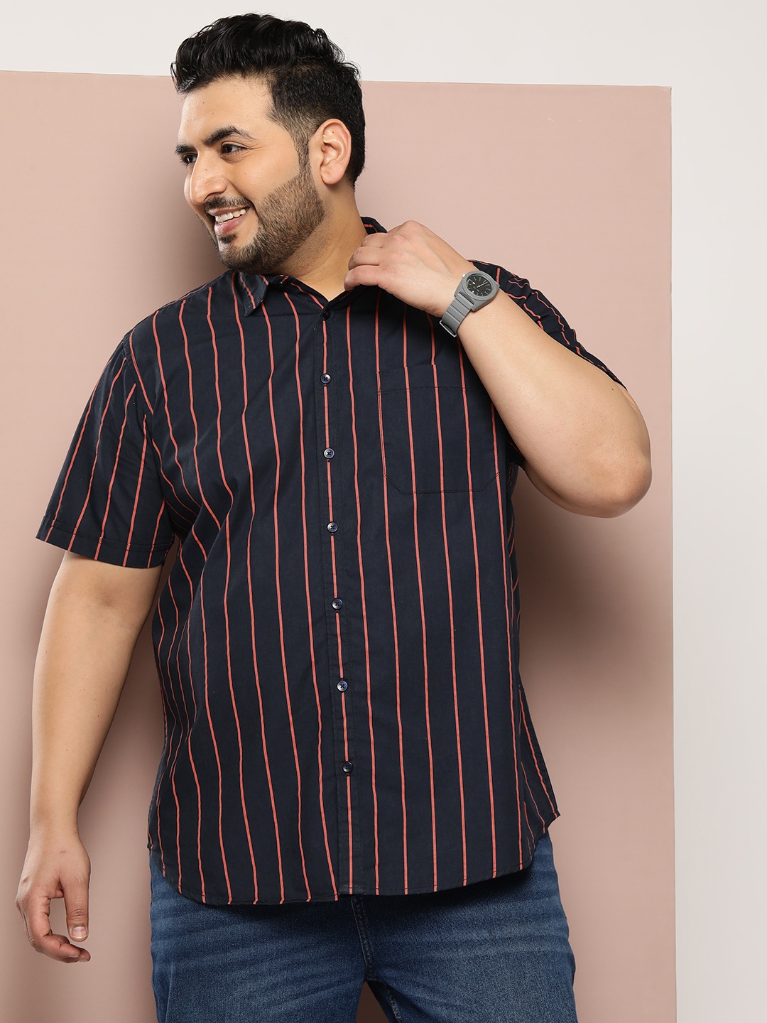 

Sztori Men Plus Size Striped Casual Shirt, Navy blue