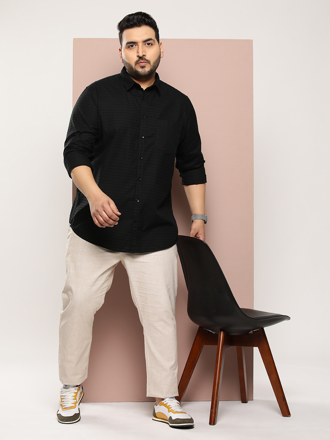 

Sztori Men Plus Size Horizontal Striped Casual Shirt, Black