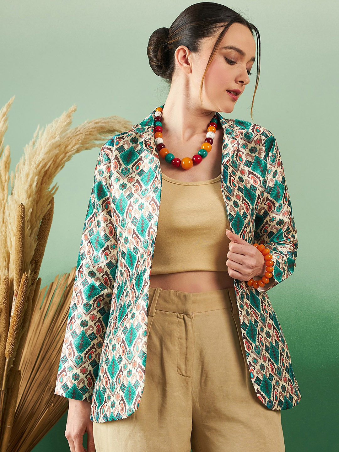 

Sangria Green Floral Printed Spread Collar Lightweight Silk Open Front Ethnic Jacket
