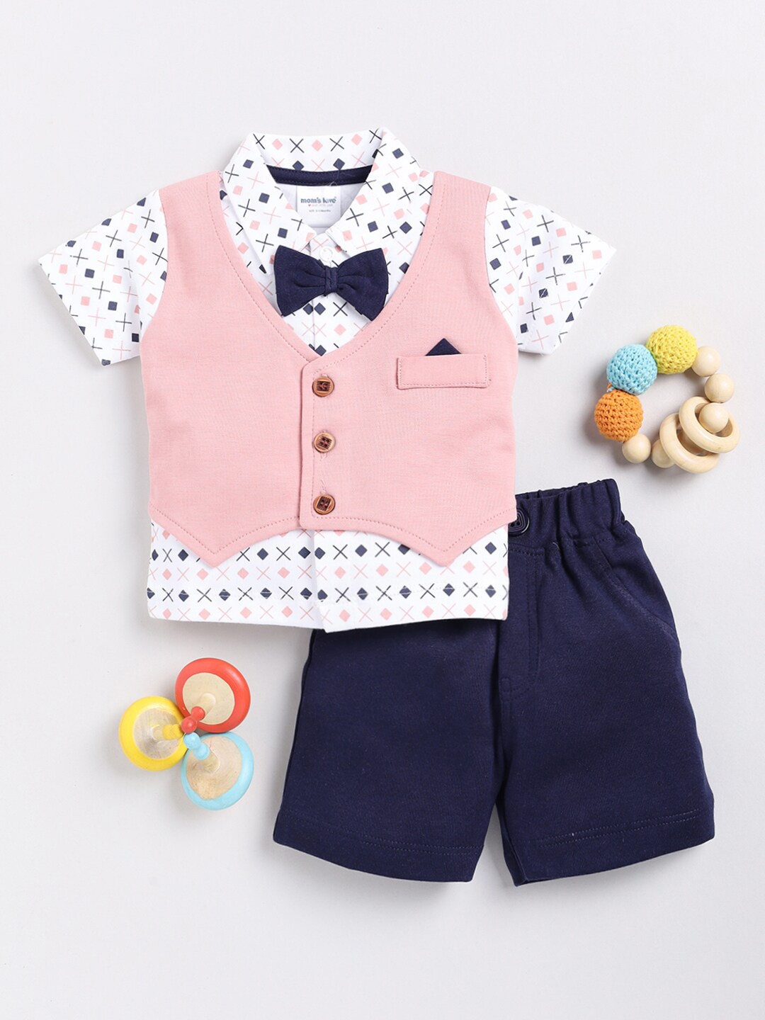 

Moms Love Infant Boys Printed Pure Cotton T-shirt with Shorts, Peach