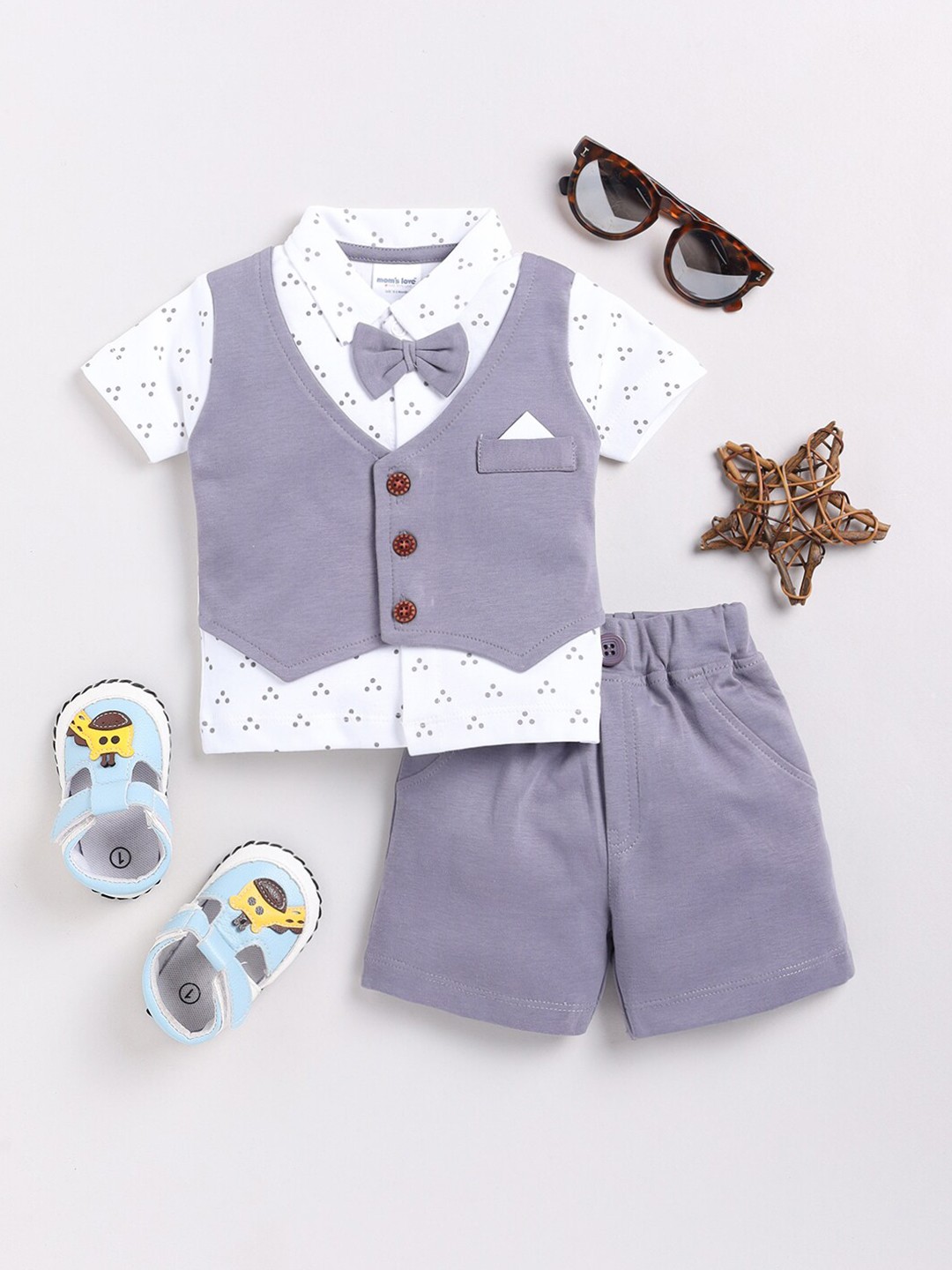 

Moms Love Infant Boys Printed Pure Cotton Shirt With Shorts, White