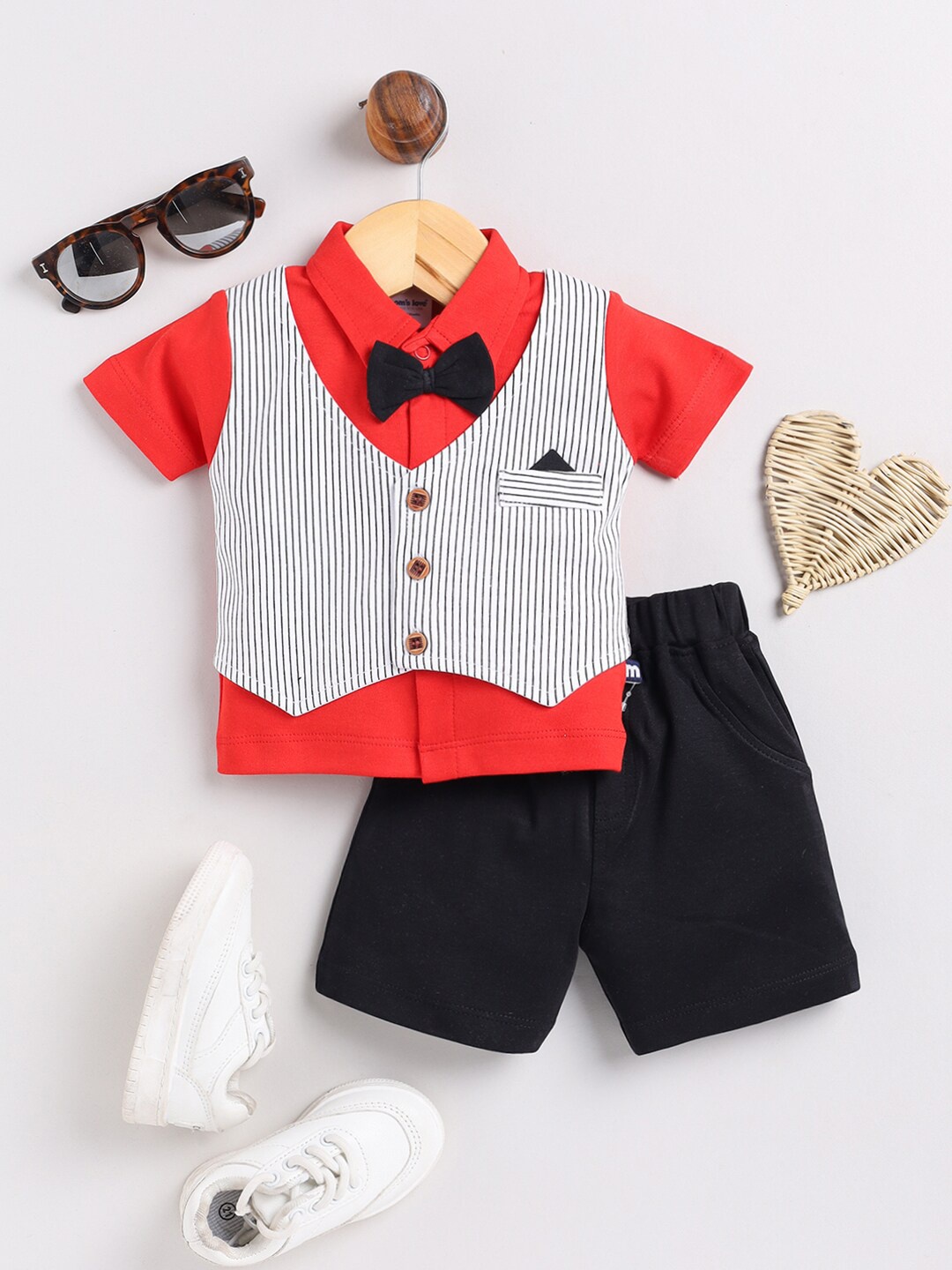 

Moms Love Infant Boys Pure Cotton T-shirt With Shorts With Striped Waistcoat, Red