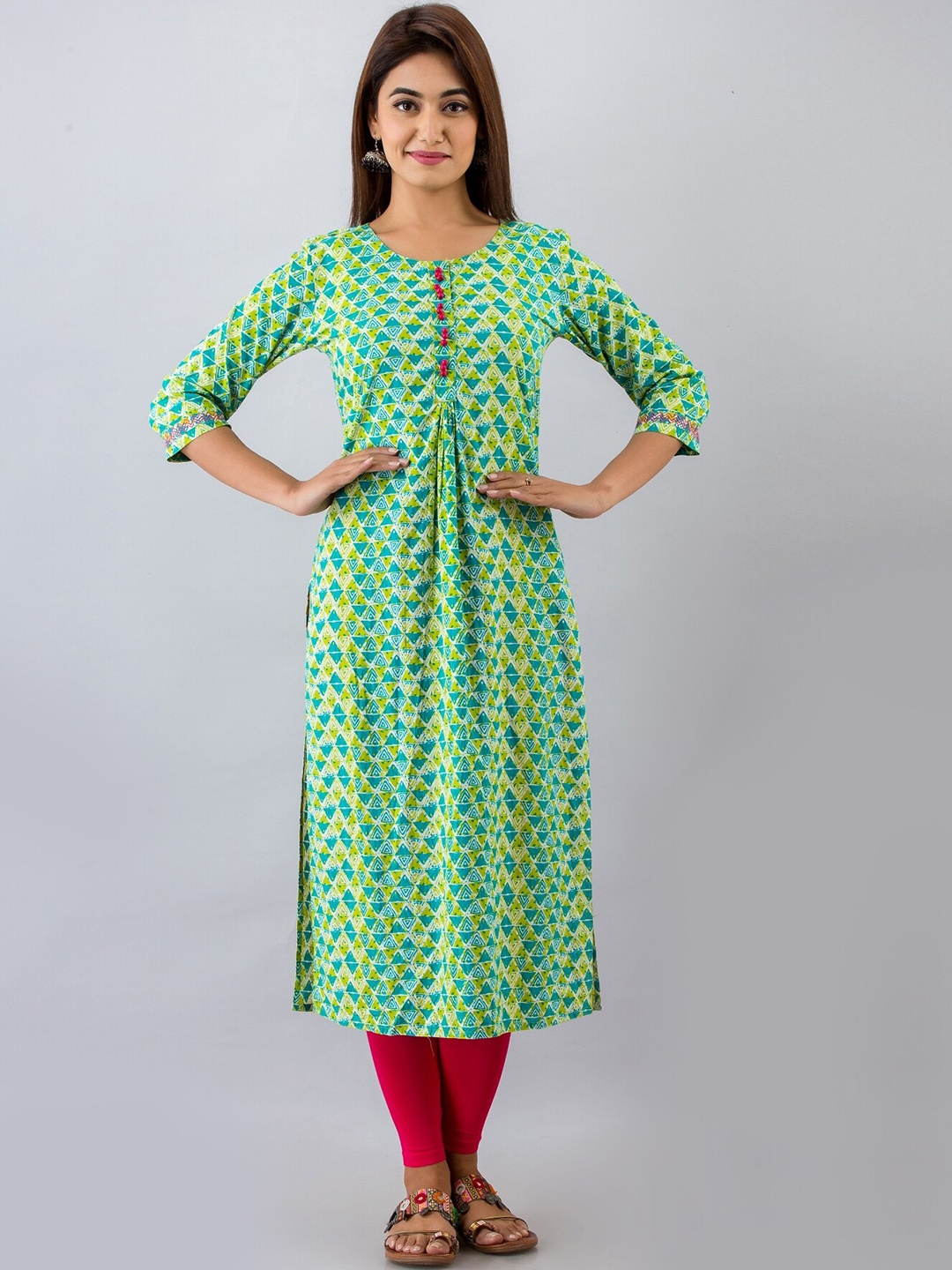 

HERE&NOW Green Geometric Printed Round Neck A-Line Kurta