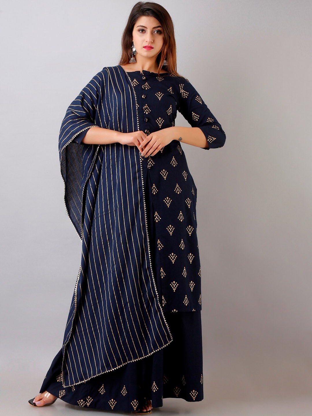

HERE&NOW Floral Printed Straight Kurta with Palazzos & With Dupatta, Blue