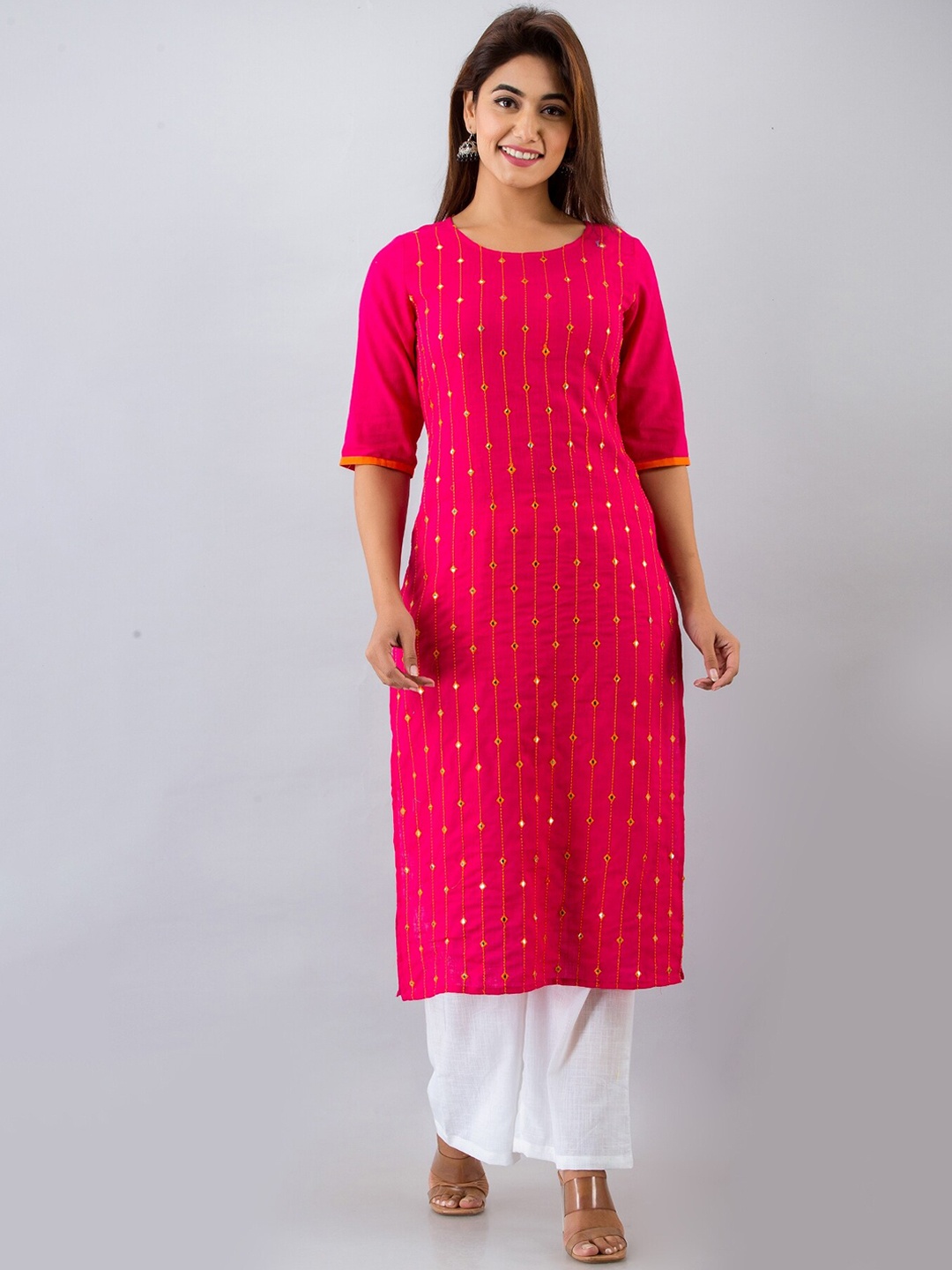 HERE&NOW Embellished Printed Cotton Round Neck Thread Work A-Line Kurta, Pink