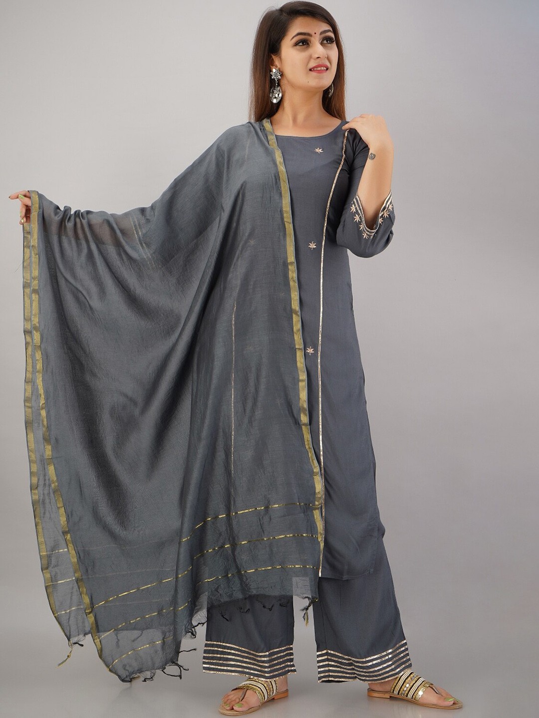 

HERE&NOW Floral Embroidered Regular Kurta with Palazzos & With Dupatta, Grey