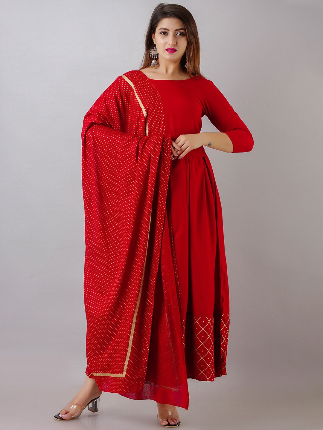 

HERE&NOW Red Round Neck Kurta With Dupatta
