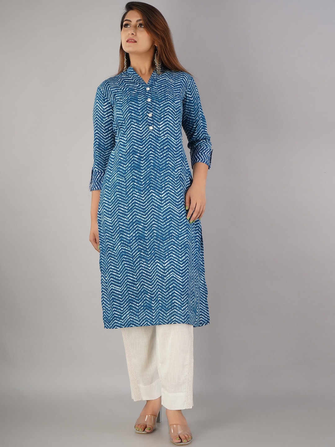 HERE&NOW Chevron Printed Mandarin Collar Regular Sleeves Straight Kurta, Blue