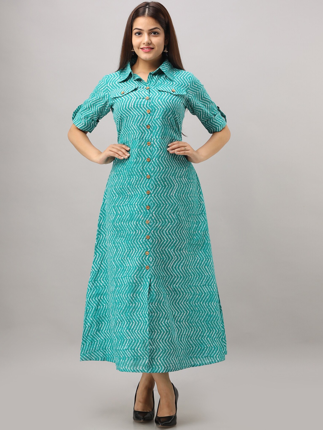 

HERE&NOW Green Geometric Printed Shirt Collar A-Line Kurta