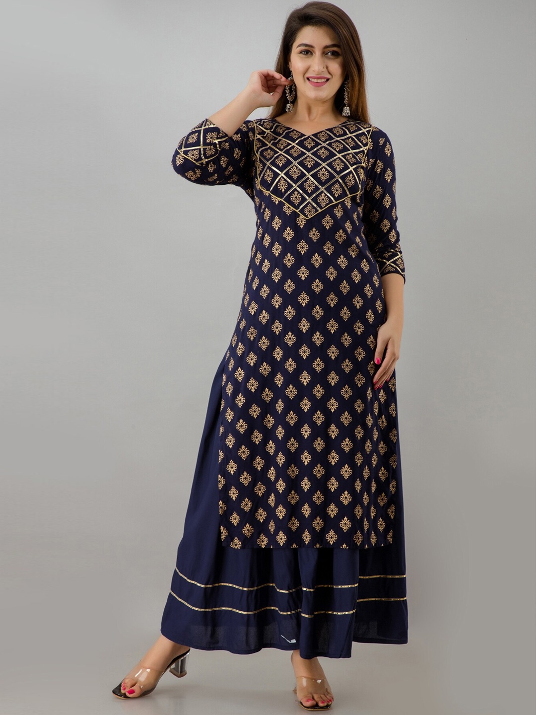 

HERE&NOW Floral Printed Regular Kurta with Palazzos, Navy blue