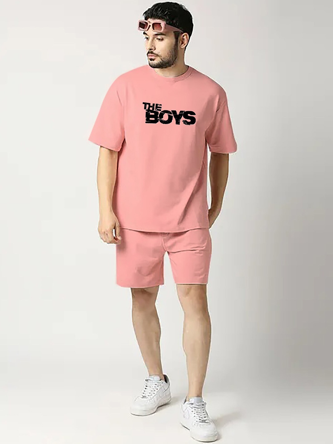 

Zombom Printed Pure Cotton Tshirt With Shorts Co-Ords, Peach