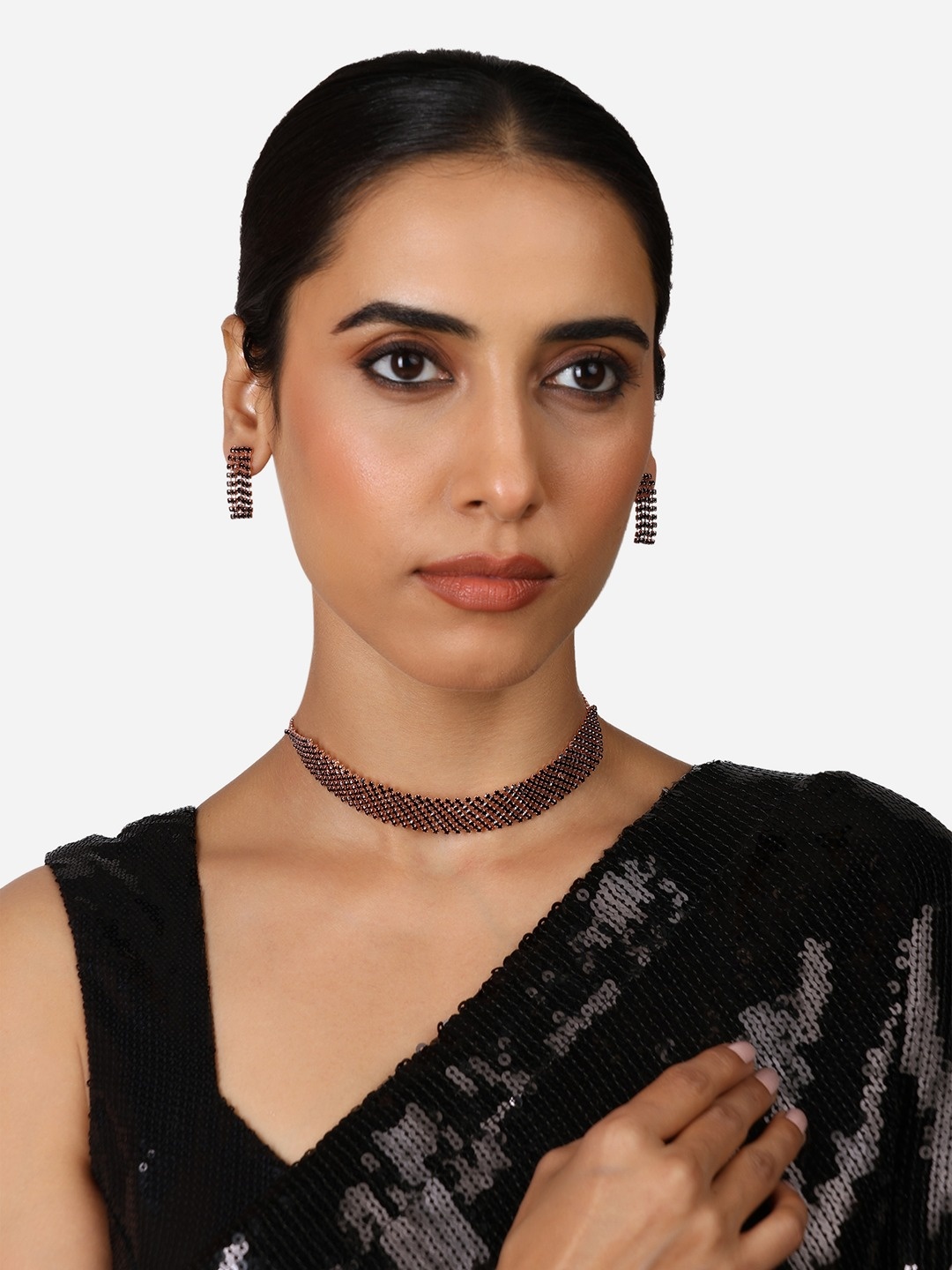 

Zaveri Pearls Rose Gold-Plated Stone Studded Necklace And Earrings