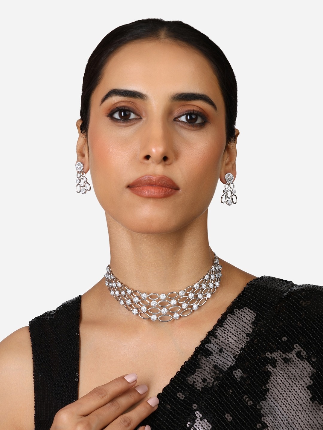

Zaveri Pearls Silver-Plated CZ-Stones Studded Necklace & Earrings