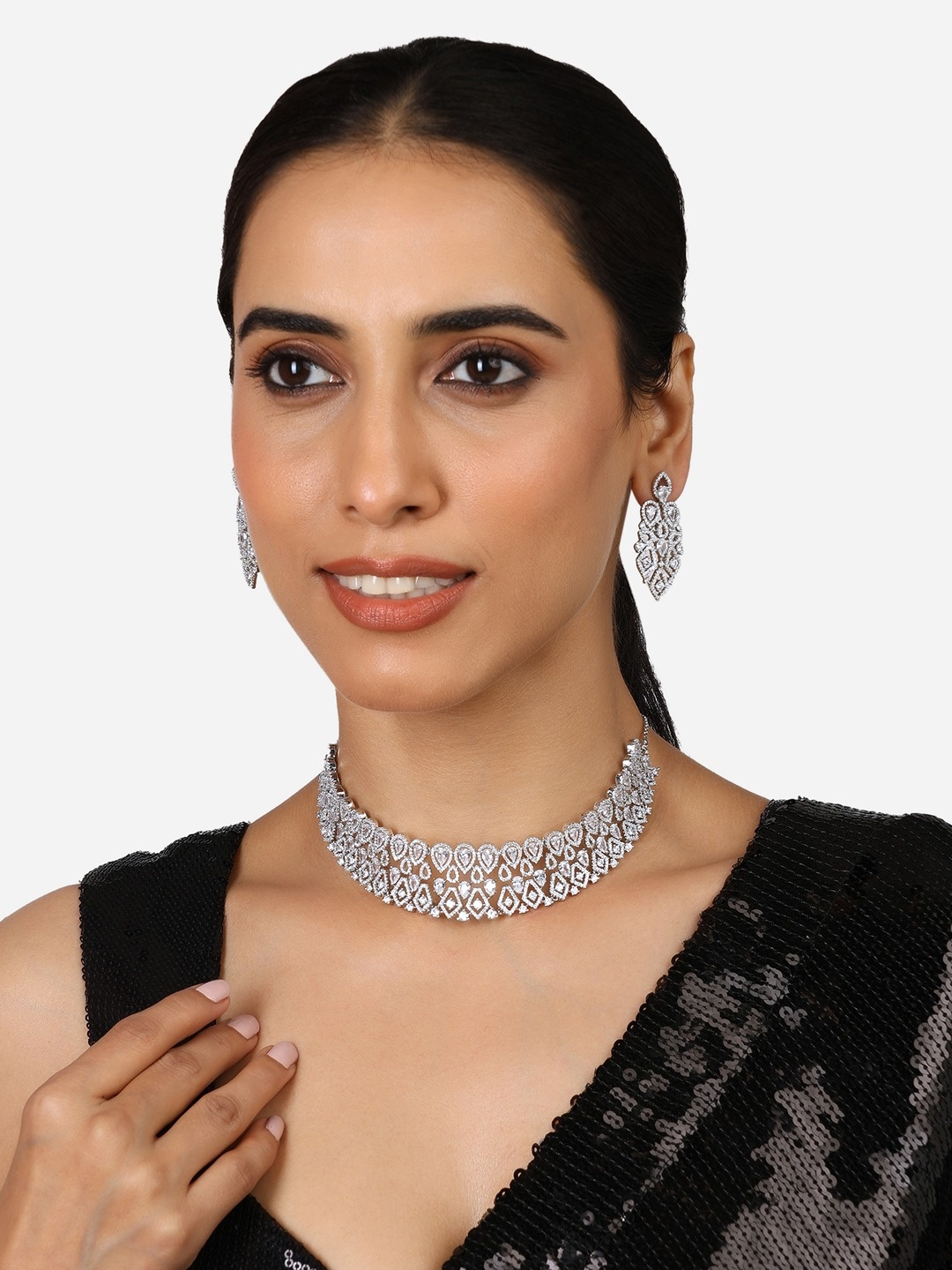 

Zaveri Pearls Silver-Plated Cubic Zirconia Stone Studded Necklace And Earrings