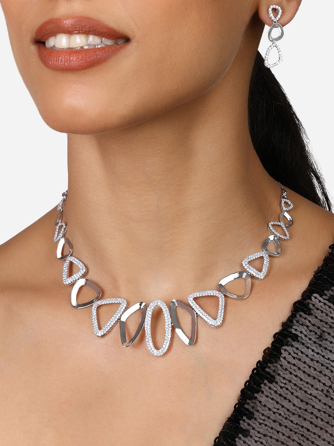 

Zaveri Pearls Silver-Plated Cubic Zirconia Stone Studded Necklace And Earrings