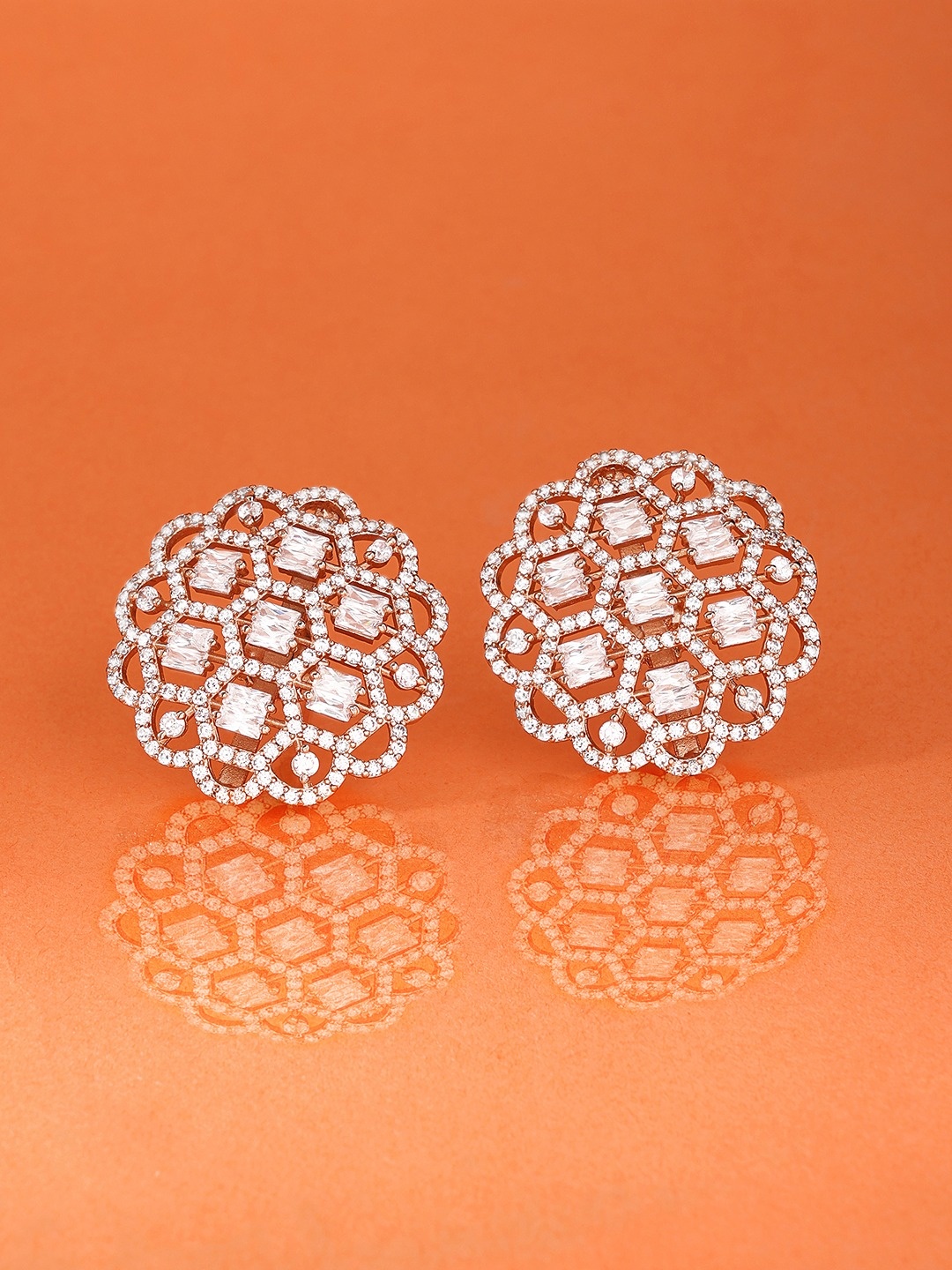 

Zaveri Pearls Rose Gold-Plated Cubic Zirconia-Studded Brass Floral Studs Earrings