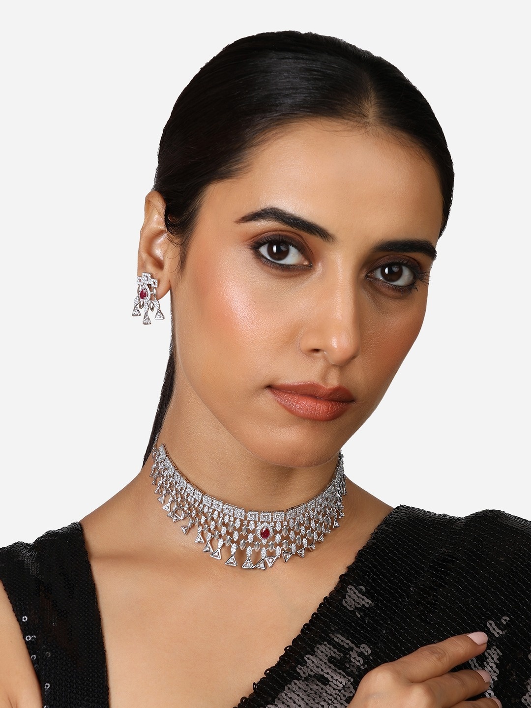 

Zaveri Pearls Silver-Plated Cubic Zirconia Stone Studded Necklace And Earrings