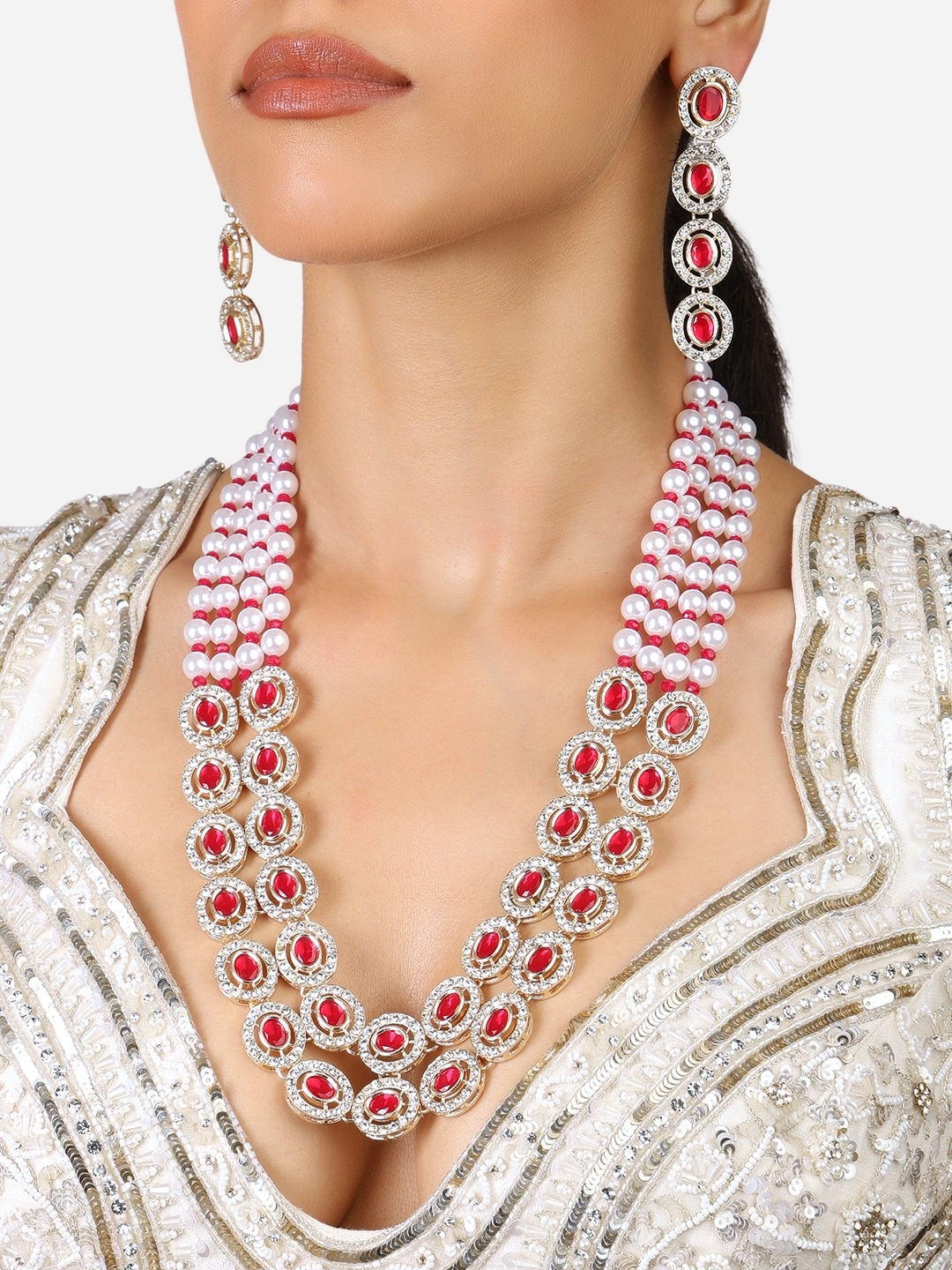 

Zaveri Pearls Gold Plated Austrian Diamond-Studded & Beaded Necklace And Earrings