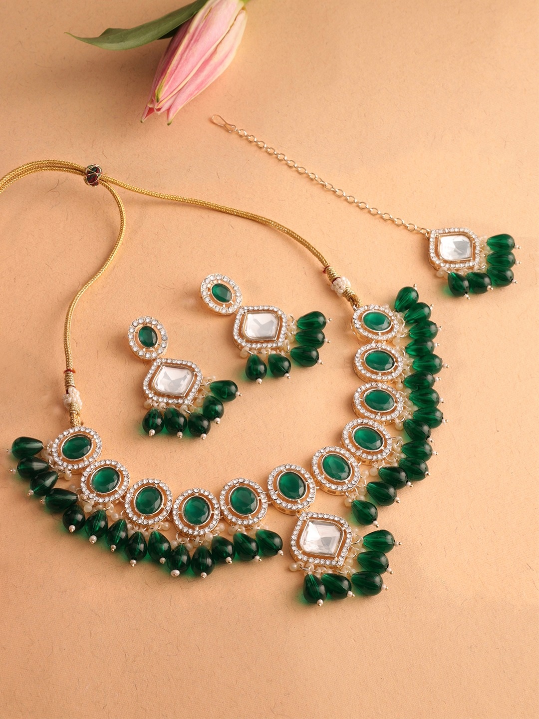 

Zaveri Pearls Gold Plated Stone Studded & Beaded Jewellery Set, Green