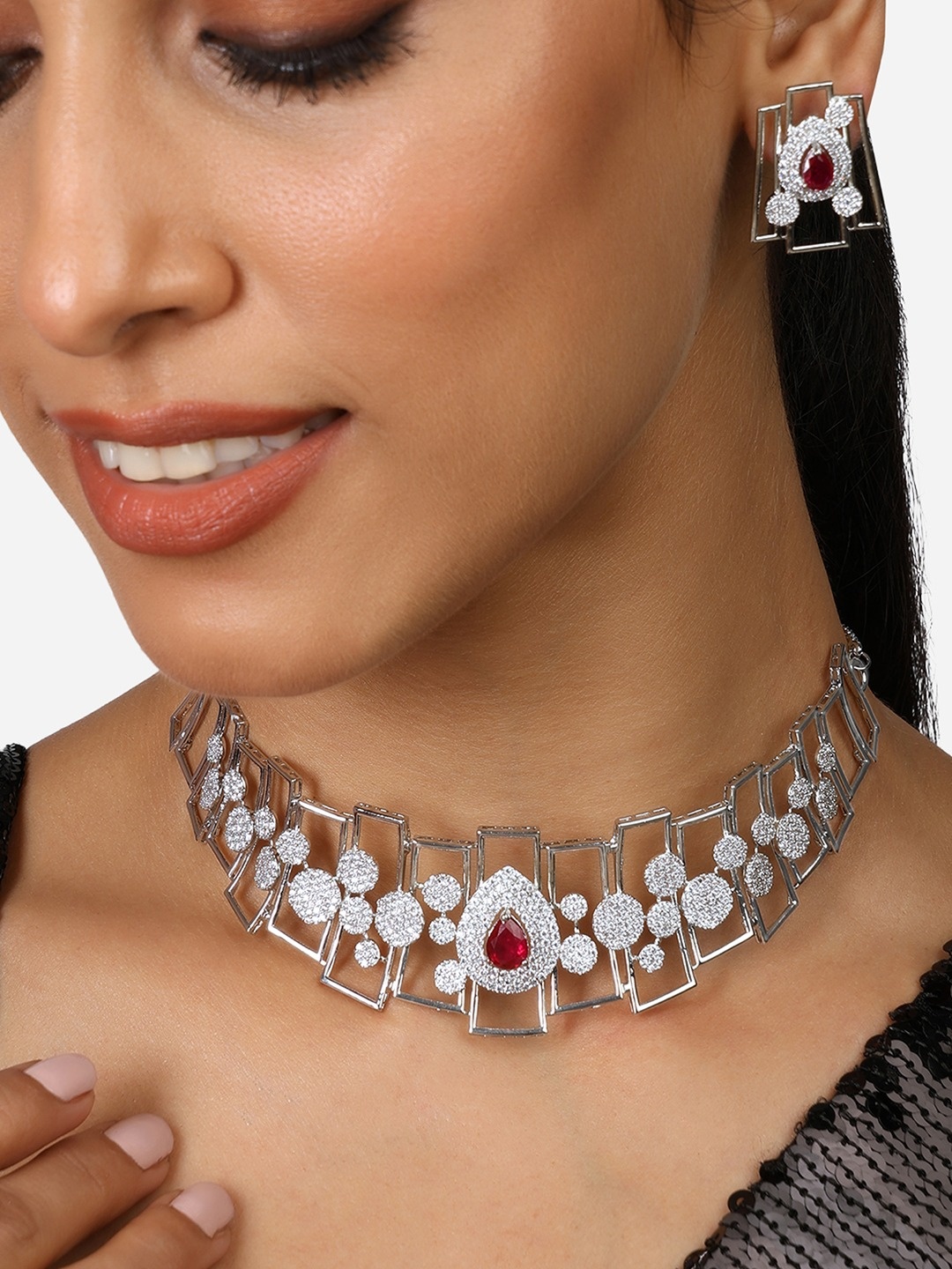 

Zaveri Pearls Silver Plated CZ Studded Jewellery Set